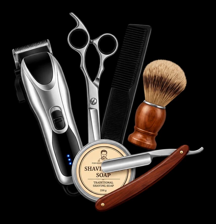 Barber tools: clipper, scissors, comb, shaving brush, razor and soap