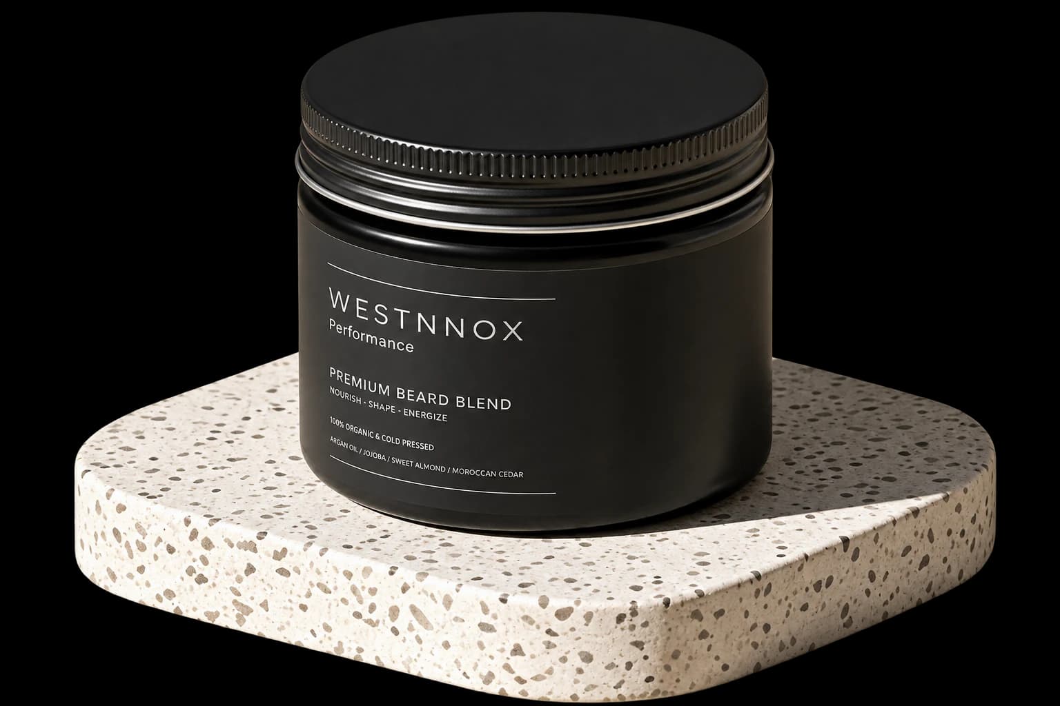 Black jar of beard blend on a terrazzo slab
