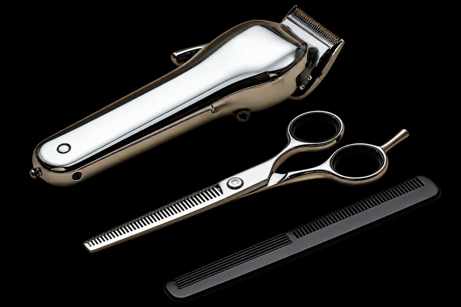 Chrome clipper, thinning scissors and comb set
