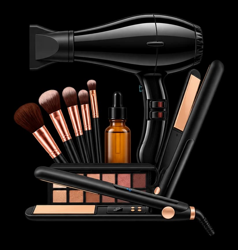 Parlour tools: hair dryer, straighteners, makeup brushes, serum and eyeshadow palette